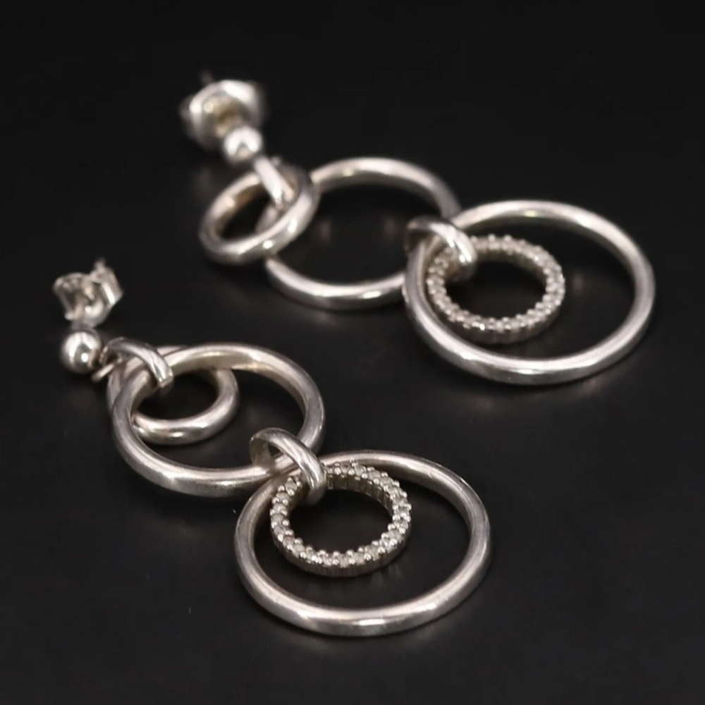 925 Sterling Silver HN HENG NGAI Diamond Graduated Circle Dangle Post Earrings